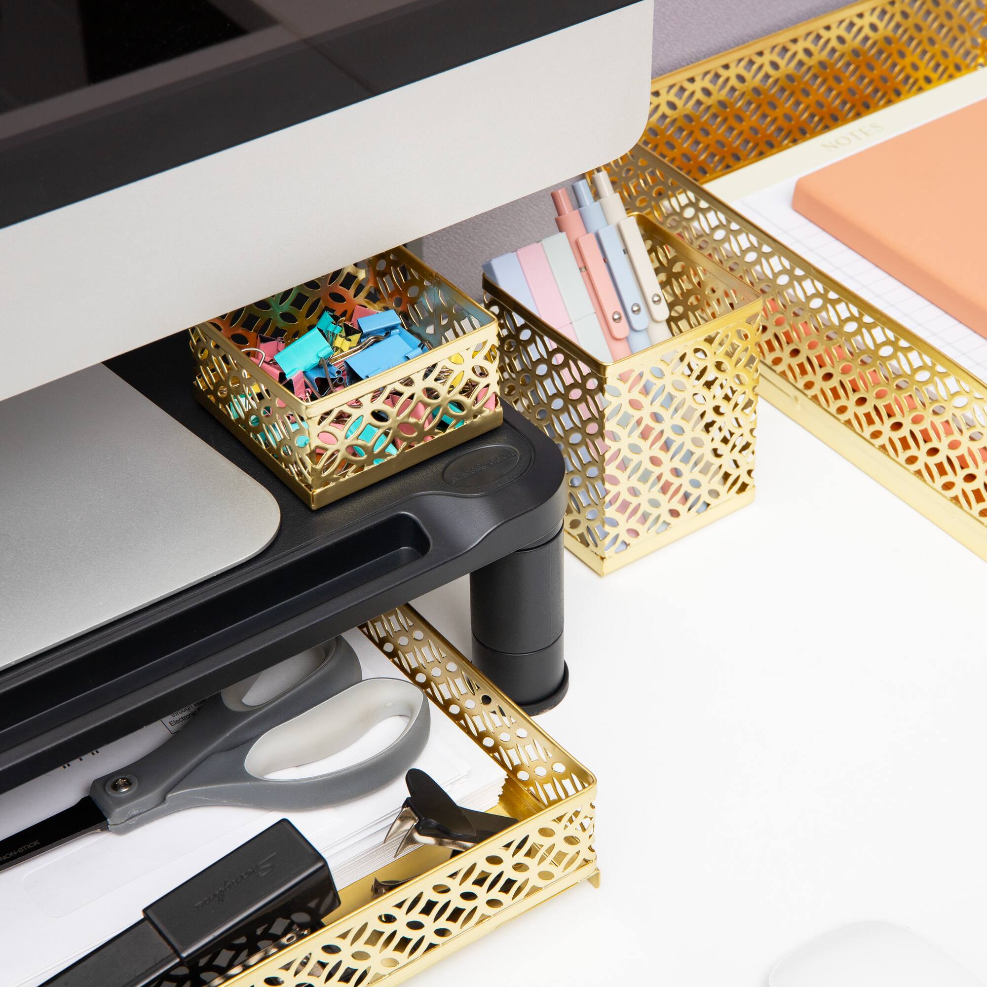 Mind Reader Gold Desk Organizer Set, Includes Pen Cup, Catchall Tray, File Box & Paper Tray, 4-Piece Metal Desktop Accessory Kit